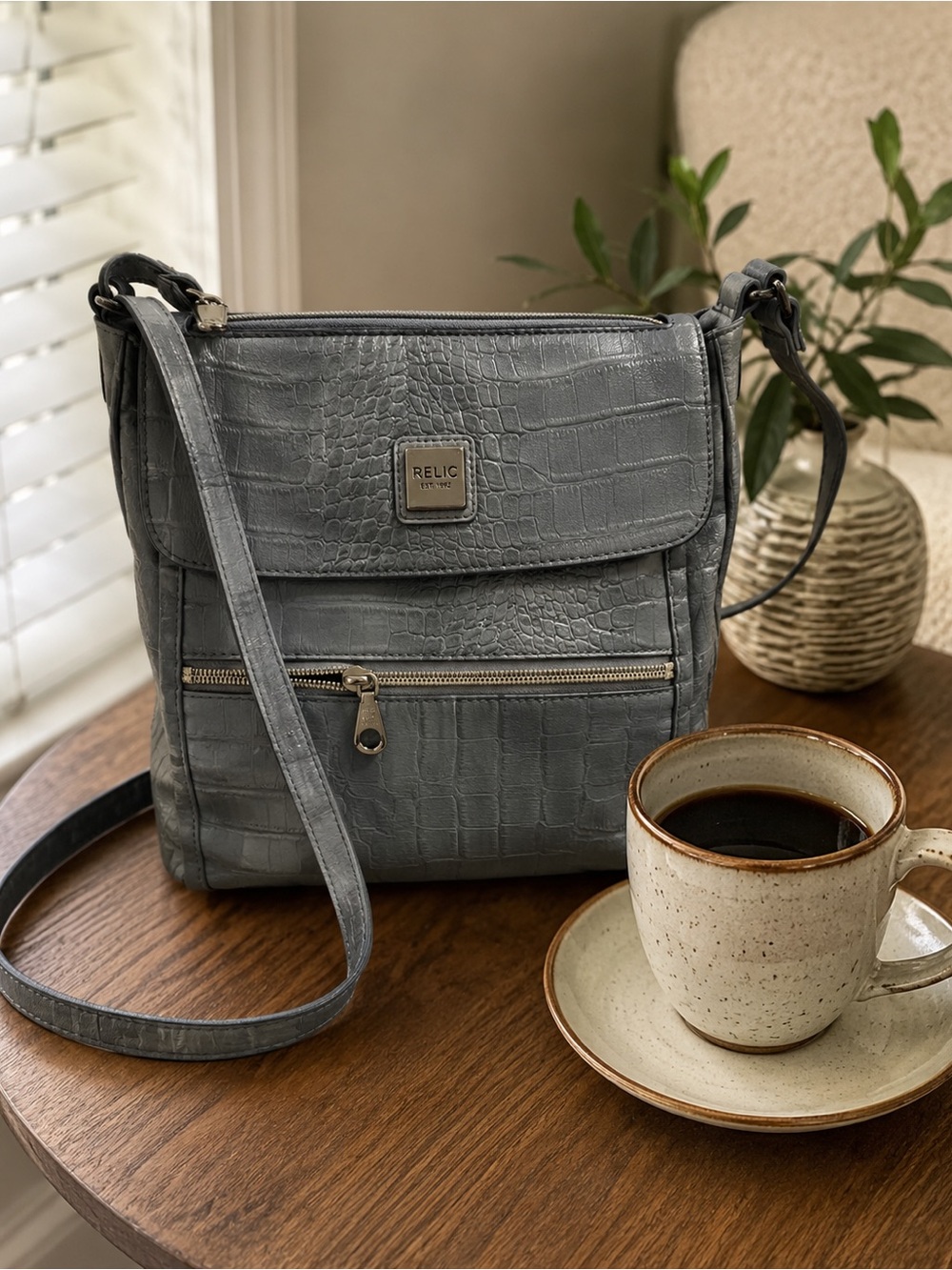Relic Gray Croc Embossed Crossbody Bag Faux Leather Adjustable Shoulder Purse